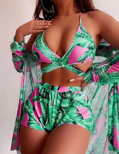 Fashion Green Polyester Printed High Waist Two-piece Swimsuit Three-piece Set  Polyester