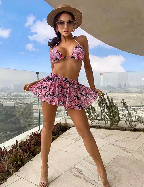 Fashion Printing Polyester Printed Halter Neck Two-piece Swimsuit Three-piece Set  Polyester