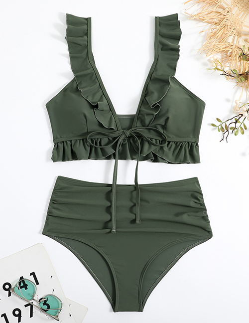 Fashion Armygreen Polyester Ruffle High Waist Two-piece Swimsuit  Polyester