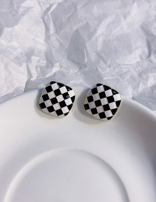 Fashion 19# Alloy Check Square Stud Earrings  925 Silver Needle