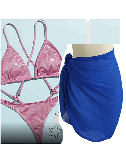 Fashion Pink + Skirt Polyester Cutout One-piece Swimsuit Overskirt Set