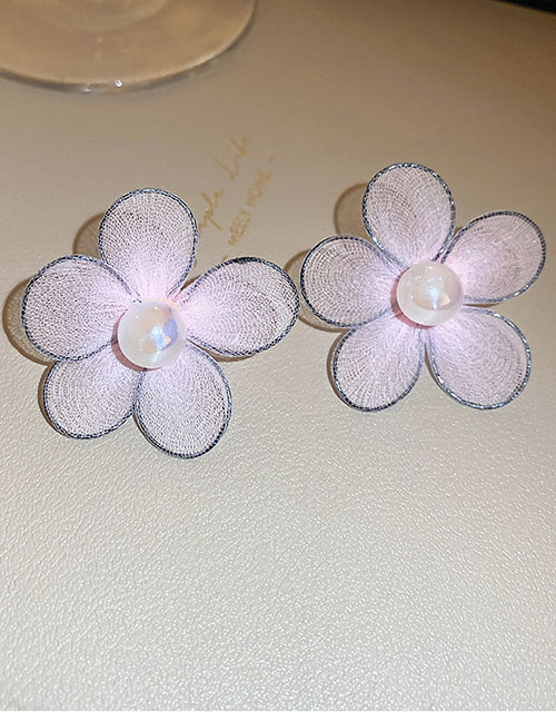 Fashion Pink Fabric Pearl Crystal Flower Stud Earrings