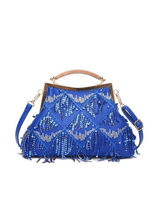 Fashion Blue Pu Sequins Large -capacity Mesenter Bag