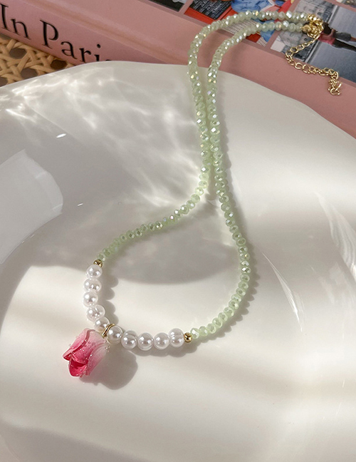 Fashion A Pink Flower Crystal Pearl Beaded Tulip Necklace