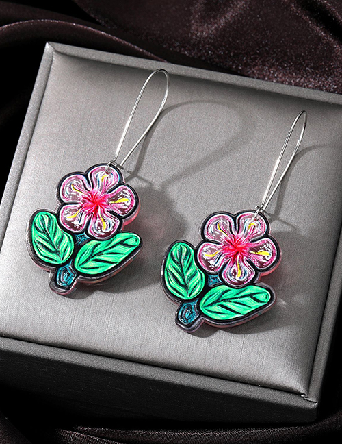 Fashion Green Leaves Pink Flowers Acrylic Flower Hoop Earrings