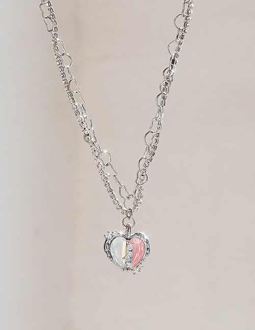 Fashion White+pink Alloy Diamond Heart Necklace