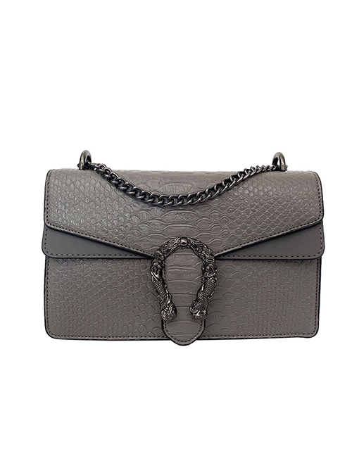 Fashion Grey Pu Snake Pattern Flip Mesengers Bag