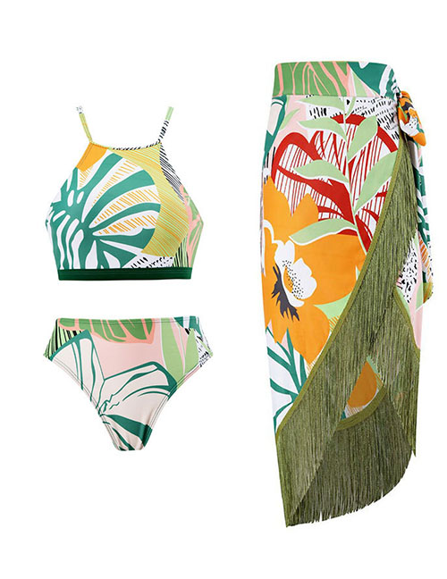 Fashion Green Suit Polyester Printing Split Swimsuit Decorative Liu Su Beach Skirt Set