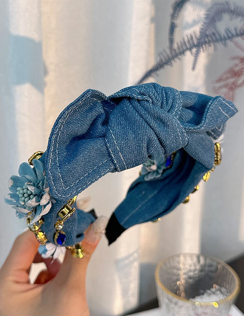 Fashion Blue Fabric Inlaid Diamond Flowers Bow Hair Hoop