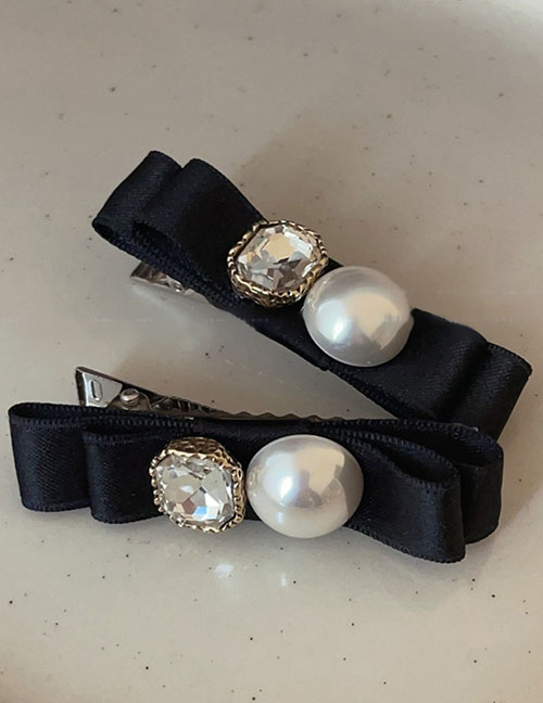 Fashion Grab Clip - Black (2 Packs) Geometric Square Diamond Pearl Bow Hair Clip