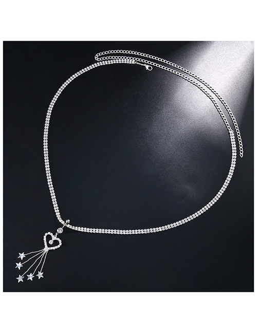 Fashion Silver Geometric Pentagram Tassel Diamond Heart Necklace