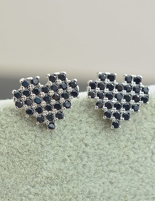 Fashion Silver + Black Diamond Alloy Diamond Heart Stud Earrings