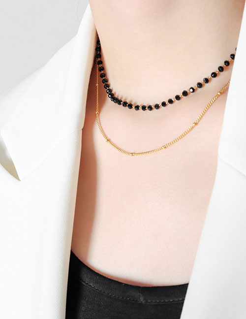 Fashion Black Glass Necklace- (34-39)+5cm Geometric Glass Bead Stitching Double -layer Necklace