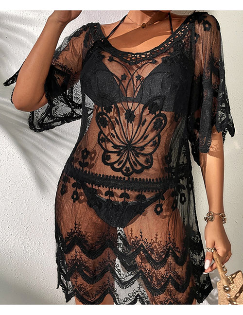 Fashion Black Blended Lace Embroidered Swimsuit Cover Sweater