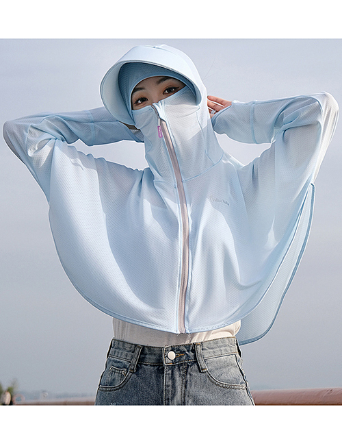 Fashion Sky Blue Polyester Ice Silk Hooded Sun Jacket