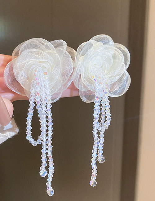 Fashion Crystal White Crystal Fringed Organza Flower Earrings
