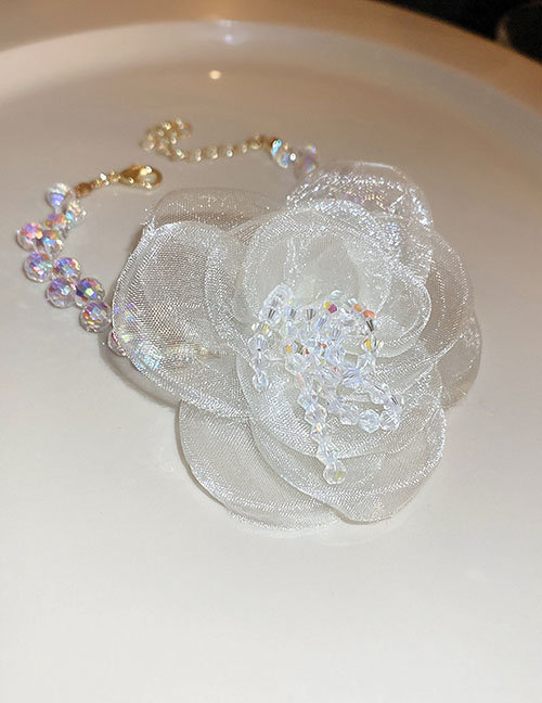 Fashion Bracelet - White Crystal Beaded Mesh Flower Bracelet