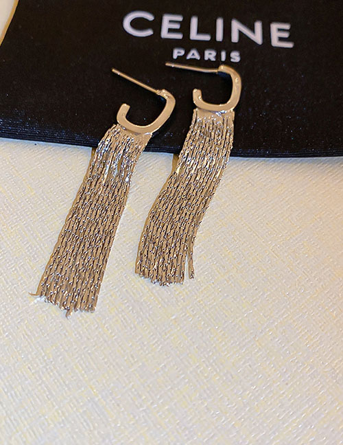 Fashion Silver Metal Geometric Tassel Hoop Earrings