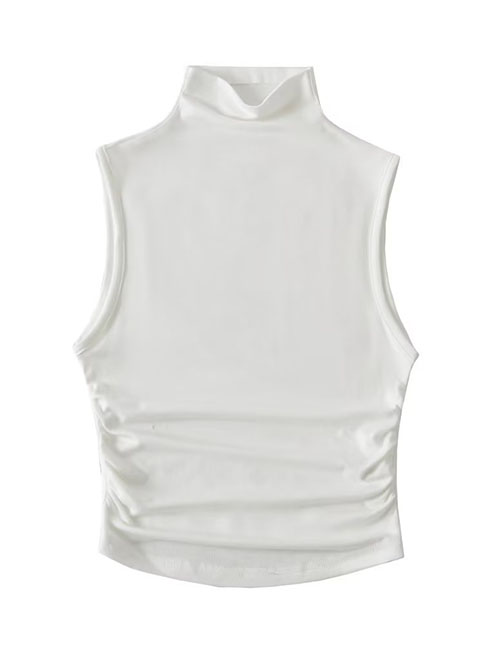 Fashion White Polyester Fold High -neck Top