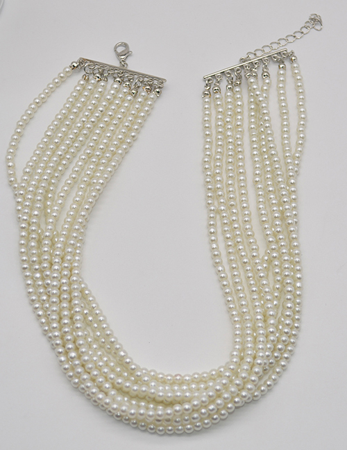 Fashion White Layered Rice Pearl Beaded Necklace