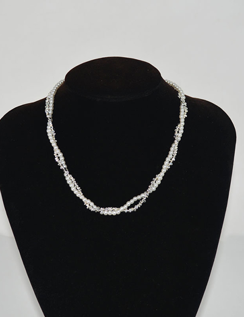 Fashion Silver 02 Geometric Pearl Beaded Double Layer Necklace