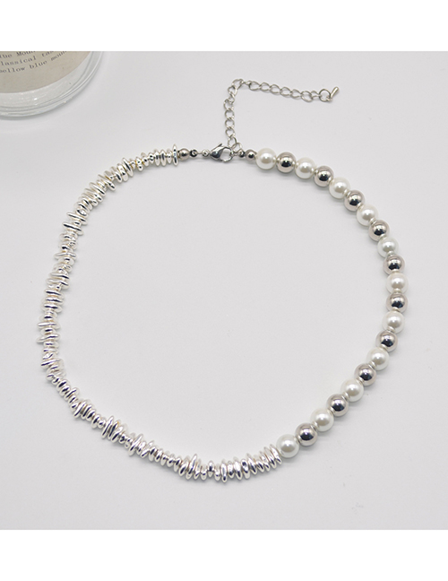 Fashion Silver Metallic Silver Panel Pearl Beaded Necklace
