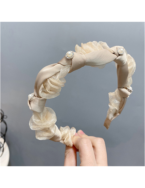 Fashion Khaki Flower Drill Geometric Rhinestone Mesh Pleated Thin-trimmed Headband