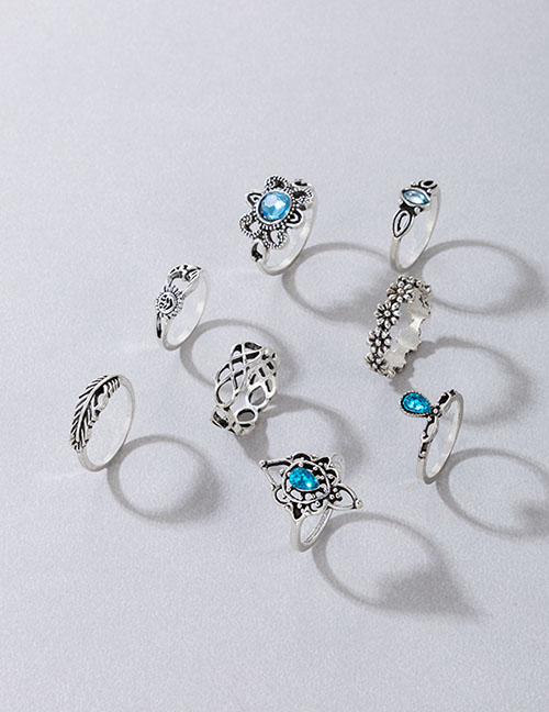 Fashion Silver Alloy Diamond Leaf Geometric Ring Set