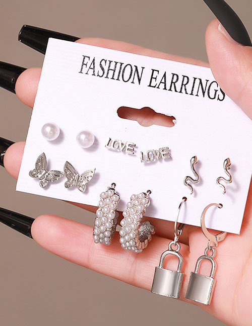 Fashion 2# Alloy Geometric Letter Pearl Butterfly Snake -shaped Earrings Suite