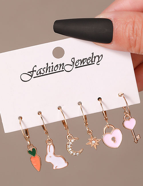 Fashion 4# Metal Inlaid Diamond Star Moon Drop Oil Love Rabbit Earrings Set