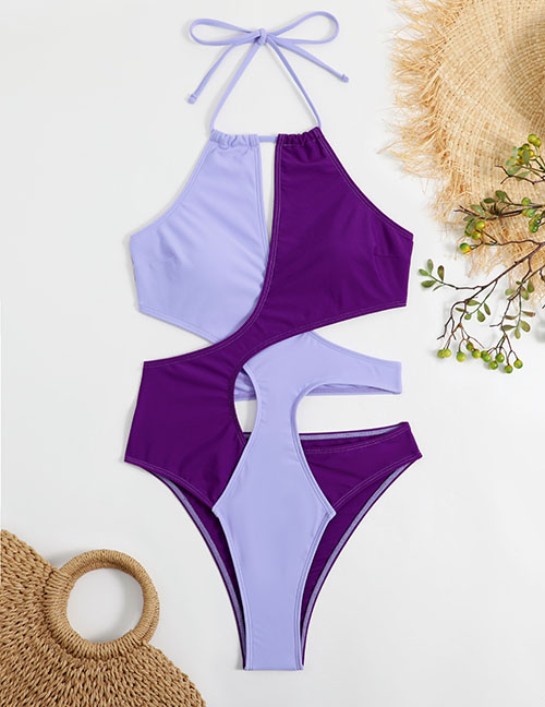 Fashion Purple Nylon -colored Hanging Neck Tie Hollow Conjoined Swimsuit