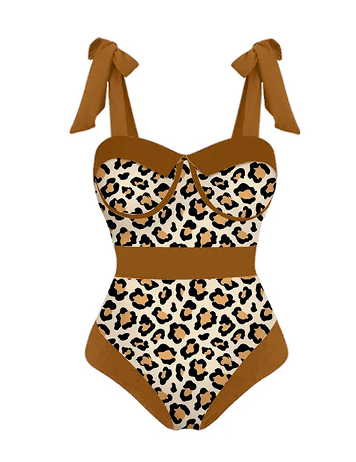 Fashion Yellow Polyester Leopard Strip -oriented Swimsuit