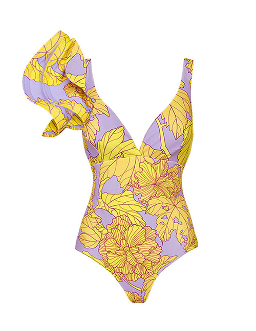 Fashion Purple Polyester Printing Ruffled Veneer Conjoined Swimsuit