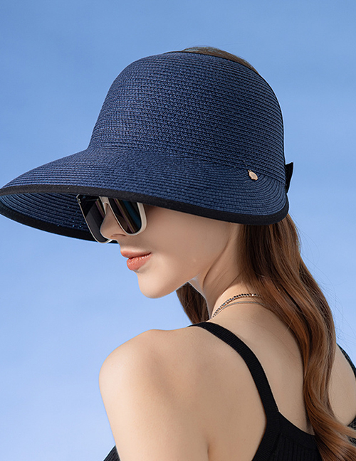 Fashion Navy Blue Straw Big Brim Empty Top Sun Hat