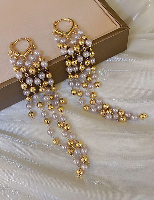 Fashion 65# Ear Button Pin - Golden Pearl Tassel Alloy Pearl Tassel Hoop Earrings