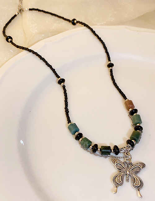 Fashion 4# Necklace - Silver Black Copper Geometric Beaded Butterfly Necklace
