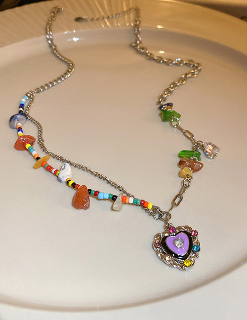 Fashion 6# Necklace - Silver Color Colorful Beads Stitching Chain Heart Necklace