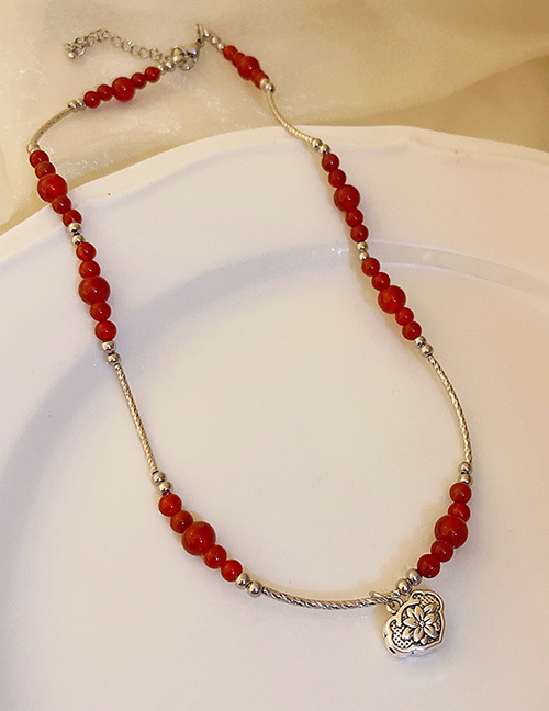 Fashion 8# Necklace - Red Agate Safety Lock Copper Geometric Beaded Geometric Necklace