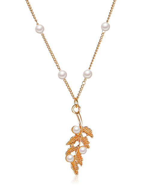 Fashion Gold Alloy Pearl Leaf Necklace