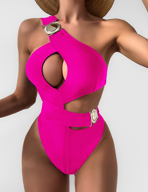 Fashion Rose Red Nylon Metal Round Buckle One-shoulder Cutout One-piece Swimsuit