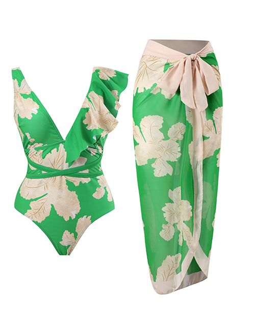 Fashion One-piece Bikini + Gauze Skirt Polyester Printed V-neck One-piece Swimsuit Knotted Beach Dress Set