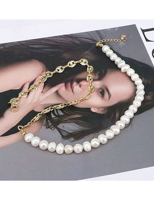 Fashion 4# Chain-panel Pearl Beaded Necklace