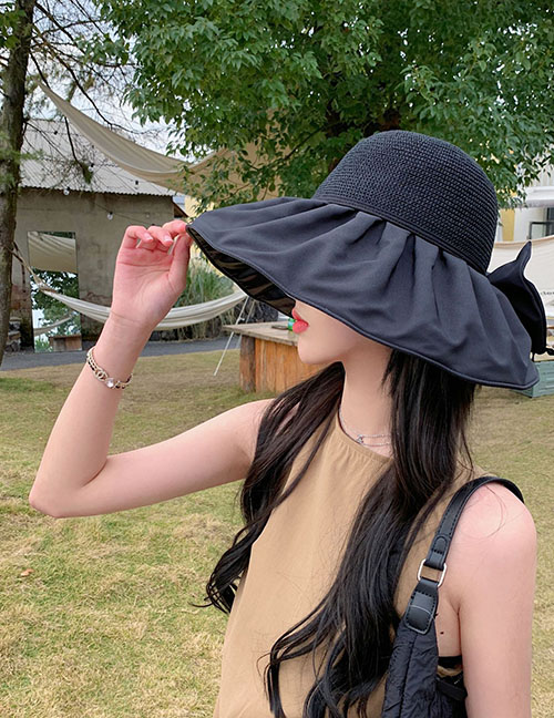 Fashion Black Polyester Straw Stitching Bowknot Big Brim Sunscreen Hat