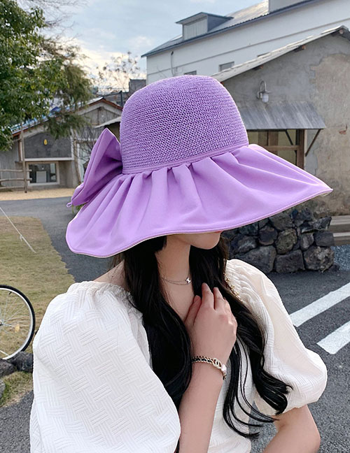 Fashion Bow Hat:purple Polyester Slit Bow Knot Sunscreen Hat With Large Brim