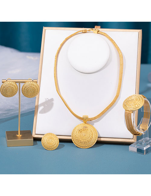 Fashion Gold Alloy Geometric Round Necklace Bracelet Ring Ring Stud Earrings Set