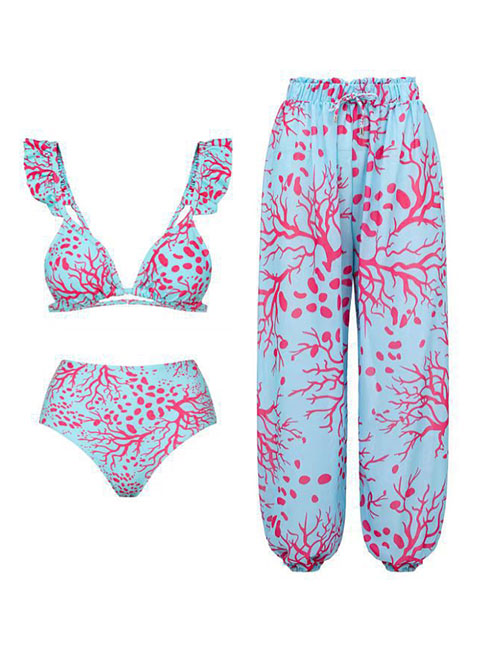 Fashion Split Bikini + Pants Polyester Printed Two-piece Swimsuit Pants Set
