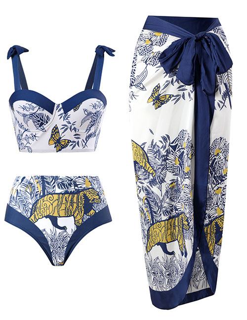 Fashion One-piece Bikini + Gauze Skirt Polyester Printed Two-piece Swimsuit Knotted Beach Dress Three-piece Set