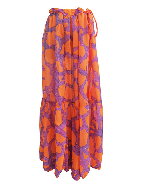Fashion [one Size] Orange Bottom Purple Knot Skirt Polyester Tie Swing Print Beach Dress