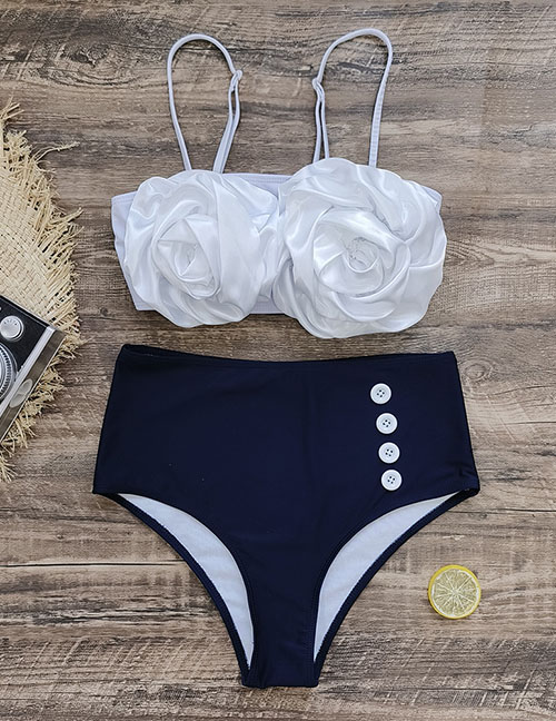 Fashion White + Blue Bottoms Three-dimensional Large Flower Button High Waist Two-piece Swimsuit