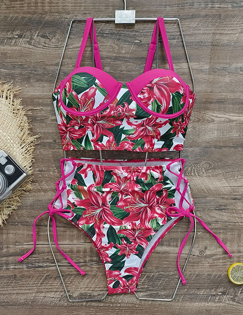 Fashion Rose Red Polyester Print Tie Swimsuit